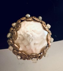 Vintage Miriam Haskell Brass Filigree Faux Pearl Clip On Earrings Mid Century