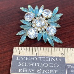 MCM Light Aqua Blue Glass Faceted Prism Rhinestones Pin Brooch 2.5” Goldtone Vtg