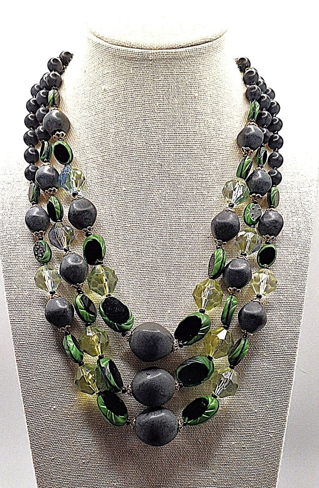 Vtg Resin & Lucite Green Black Clear 3 Strand Necklace Czech crafted in Germany