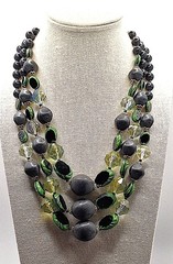 Vtg Resin & Lucite Green Black Clear 3 Strand Necklace Czech crafted in Germany