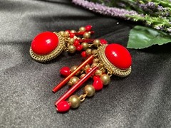 Vintage Three Ladies by roxsann Vivid Red Cabochon Beaded Clip-On Earrings