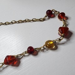 Vintage Coldwater Creek Red Yellow Glass Beaded Necklace Signed Nature Leaf Adj.