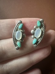 Vintage Navajo Sterling Silver & Turquoise Moonstone Earrings Stud Signed DG
