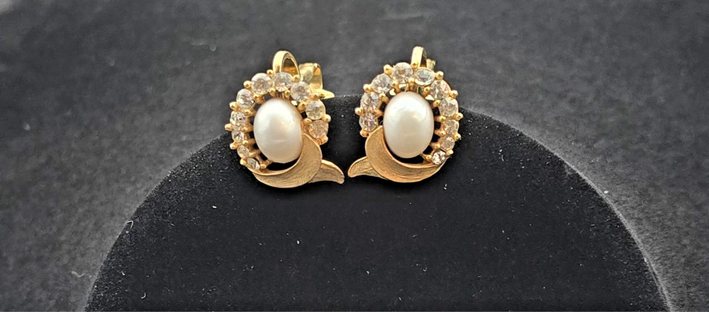 Alfred Philippe Crown Trifari Brushed Gold, Faux Pearl and Rhinestone Earrings