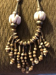 Vintage Stone Wood & Metal Beaded Necklace. Ethnic Art Design Hook Closure 23”