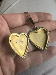Antique Heart Shaped Photo Locket Gold Over Sterling 19” Chain Read C3