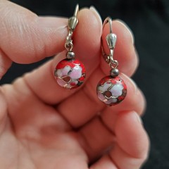 Vintage Cloisonne Earrings Dangle Floral Sterling Silver Red Pink 10mm Bead
