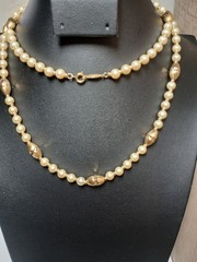 Vintage NAPIER Signed Faux Pearl Gold Tone Station Necklace Diamond Cut Beads