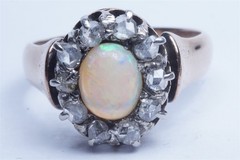 PRETTY ANTIQUE 15K GOLD OPAL & DIAMOND CLUSTER RING c1900