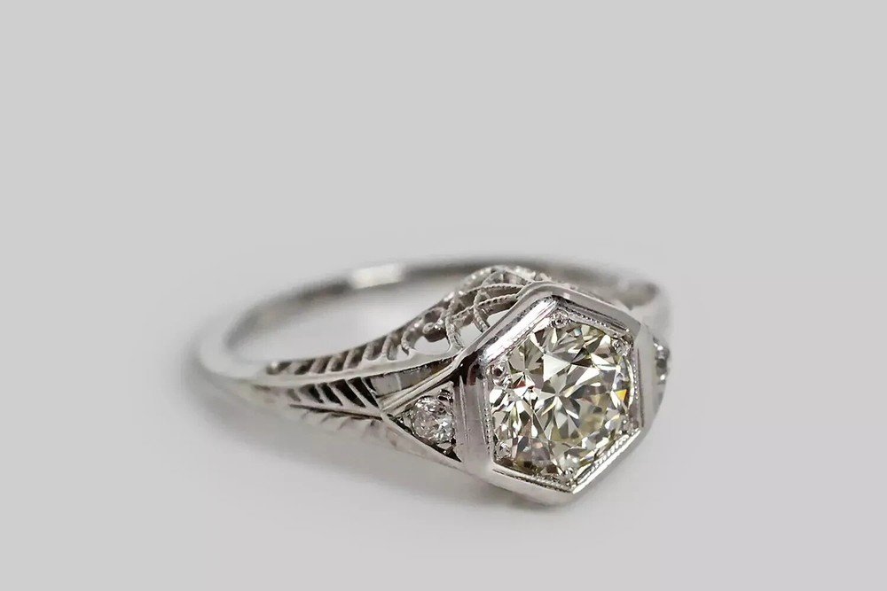 Art Deco Style Round Lab Created Diamond 14K White Gold Finish Engagement Ring