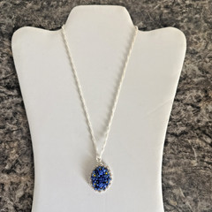 Vintage Hand Beaded Floral Cluster Pendant Necklace Blue & White Glass Seed Bead