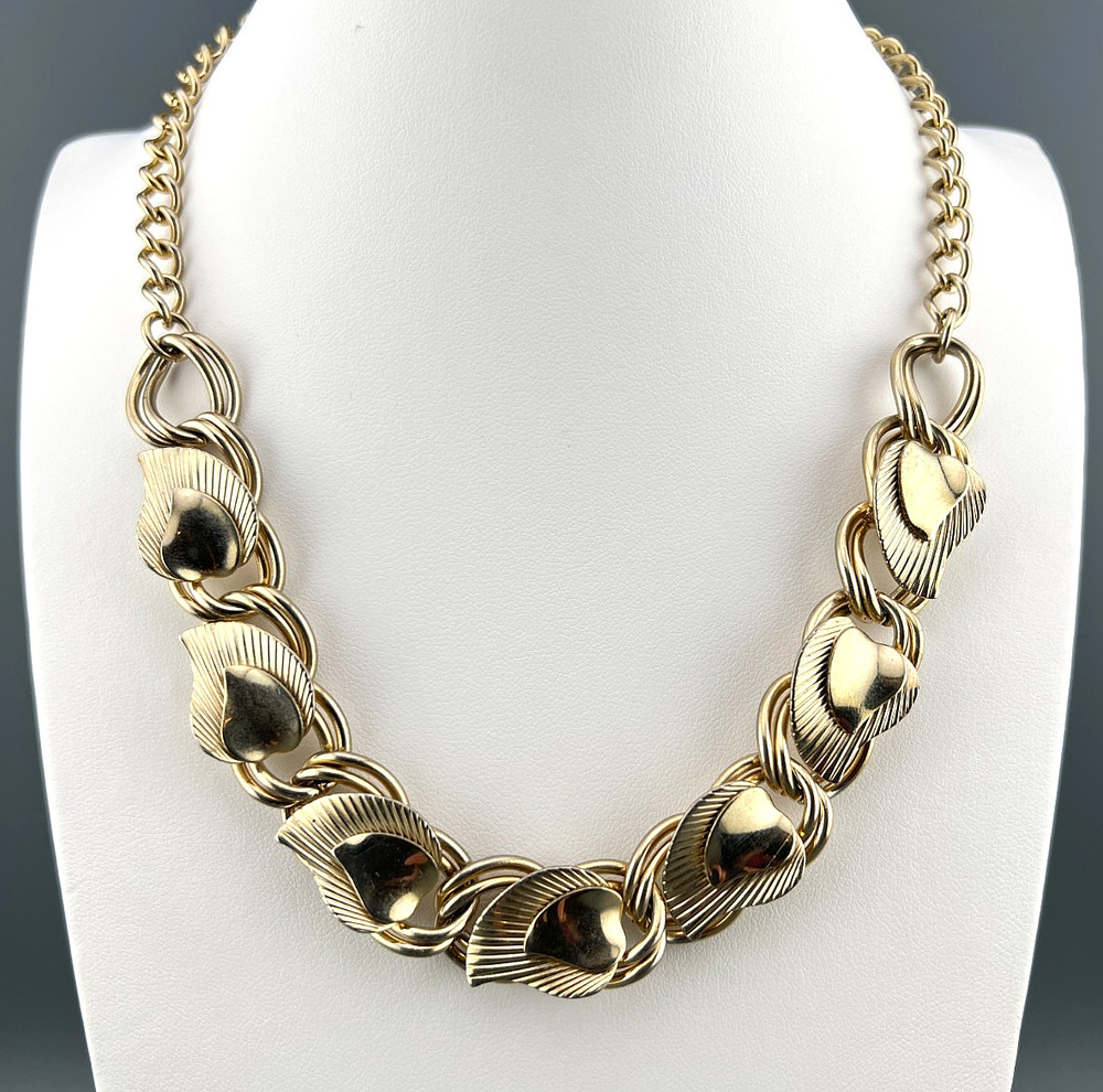 Vintage Collar Necklace Gold Tone Leaf Link Textured Layered Chunky Retro 16″