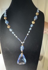 Antique Art Deco Blue Czech Glass Teardrop Necklace 21” Brass Filigree 1920s