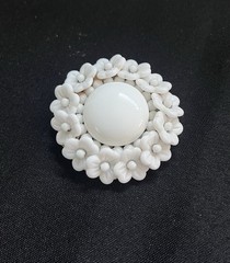 Vintage Miriam Haskell Milk Glass Flower Brooch & Earrings White Floral Dangles