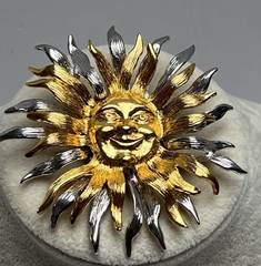 Vintage Gold & Silver Tone Sun Face Brooch Stamped JJ