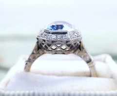 Art Deco Style Sapphire & Lab Created Diamond 14K White Gold FN Engagement Ring