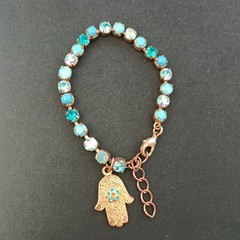AMARO Tennis Bracelet Hamsa Turquoise Aqua Blue Crystals Gold Tone VTG Boho AB