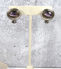 Vintage MX Silver Gold Tone Purple Cat Tigers Eye Piereced Earrings Rhinestone