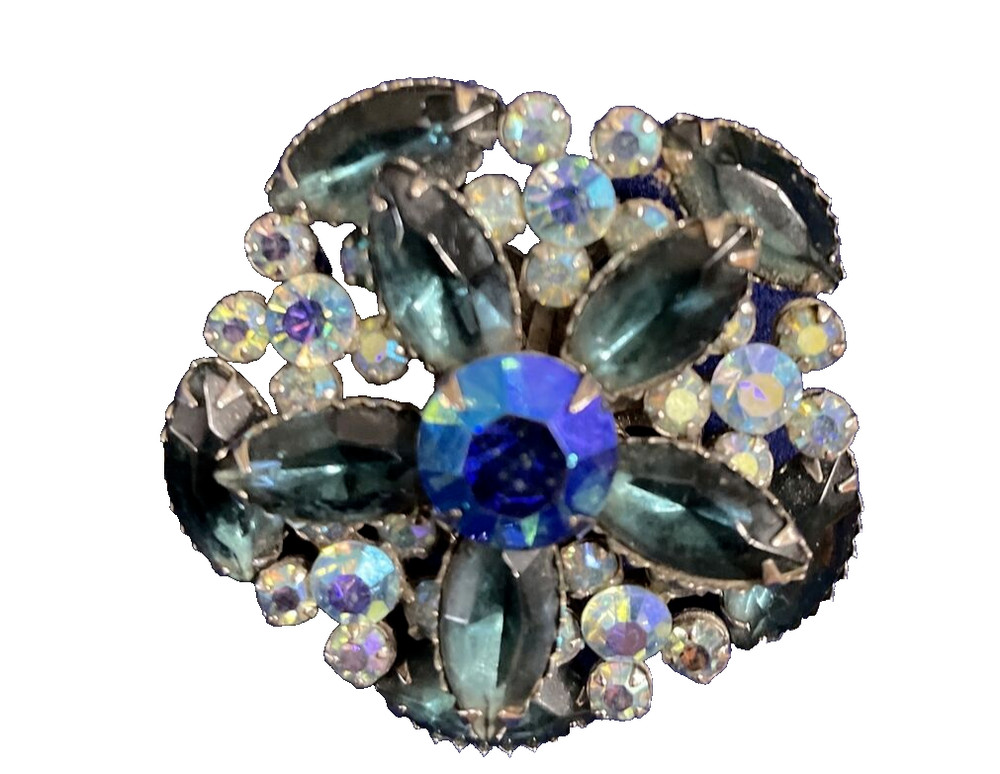 80s Blue Rhinestone Fkower Sparkle Brooch Pin Colors 1.5 in