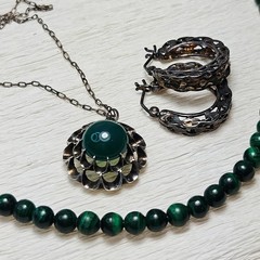925 Sterling Malachite Necklace Green Pendant Ornate Hoop Earrings
