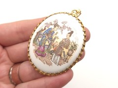 Vintage Porcelain Asian Japanese Couple Scene Gold Tone Large Oval Pendant