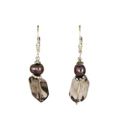 Smoky Quartz Pearl Dangle Latchback Earrings | Vintage Sterling Silver 925