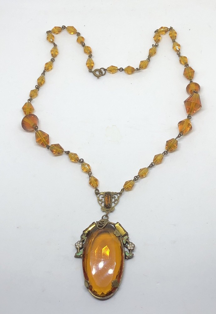 ANTIQUE ART DECO/NOUVEAU CZECH CITRINE GLASS PENDANT W/CRYSTAL CHAIN-ENAMELED