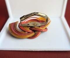 Vintage Wicker Wood Woven Abstract Knot Swirl SCARF Slide CLIP Red Brown
