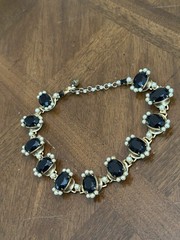 Vintage Denbe Black Rhinestone Faux Pearl Choker Necklace Gold Tone Signed Nice!