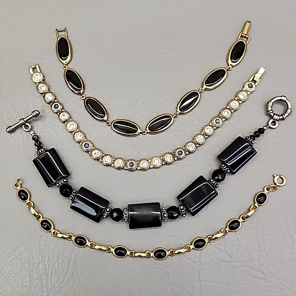 Bracelet Lot of 4 Linked Black Onyx Silver Tone Gold Plated 7.5 – 8.5″