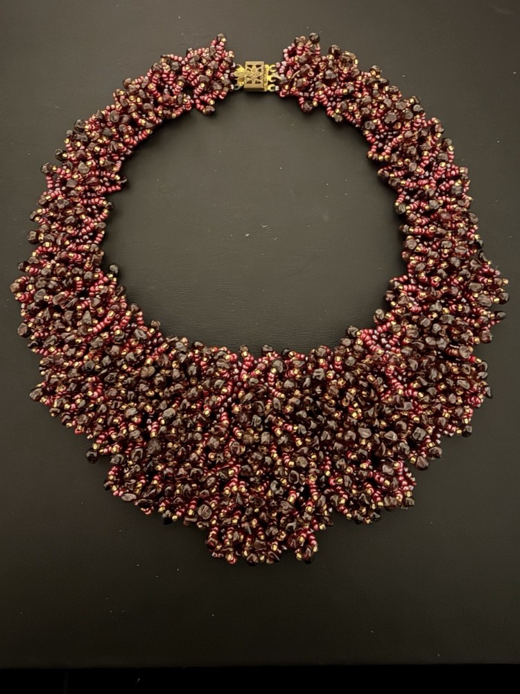 Vintage 15” Real Garnet And Seed Beaded Collar Statement Choker Necklace