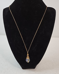 Vintage aurora borealis teardrop pendent necklace rhinestone band gold tone SEE
