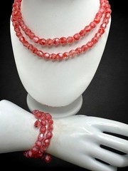 Vintage Red Pink Givre Czech Glass Bead Necklace Wrap Coil Bracelet Set 31.5”