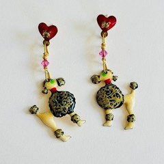 Lunch At The Ritz LATR Poodle Dog signed Earrings VTG Pierced Dangle Enamel 80s