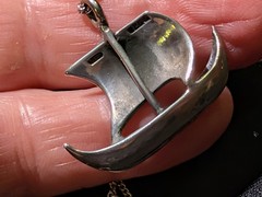 Vintage 925 F SM Sterling Silver Viking Ship Pendant & Chain Norway 8.2 G