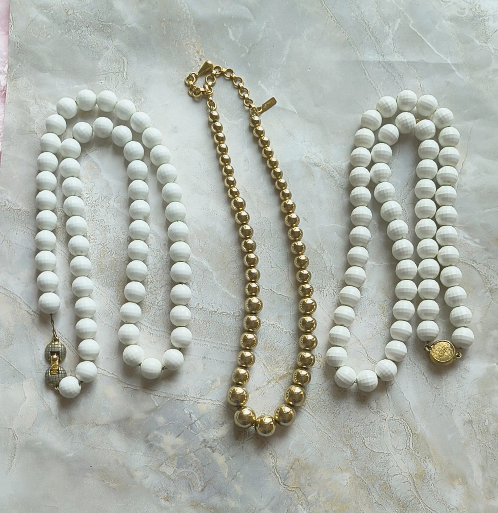 Vintage Monet White Glass Acrylic & Gold Tone Wire Strung Bead Necklace Lot