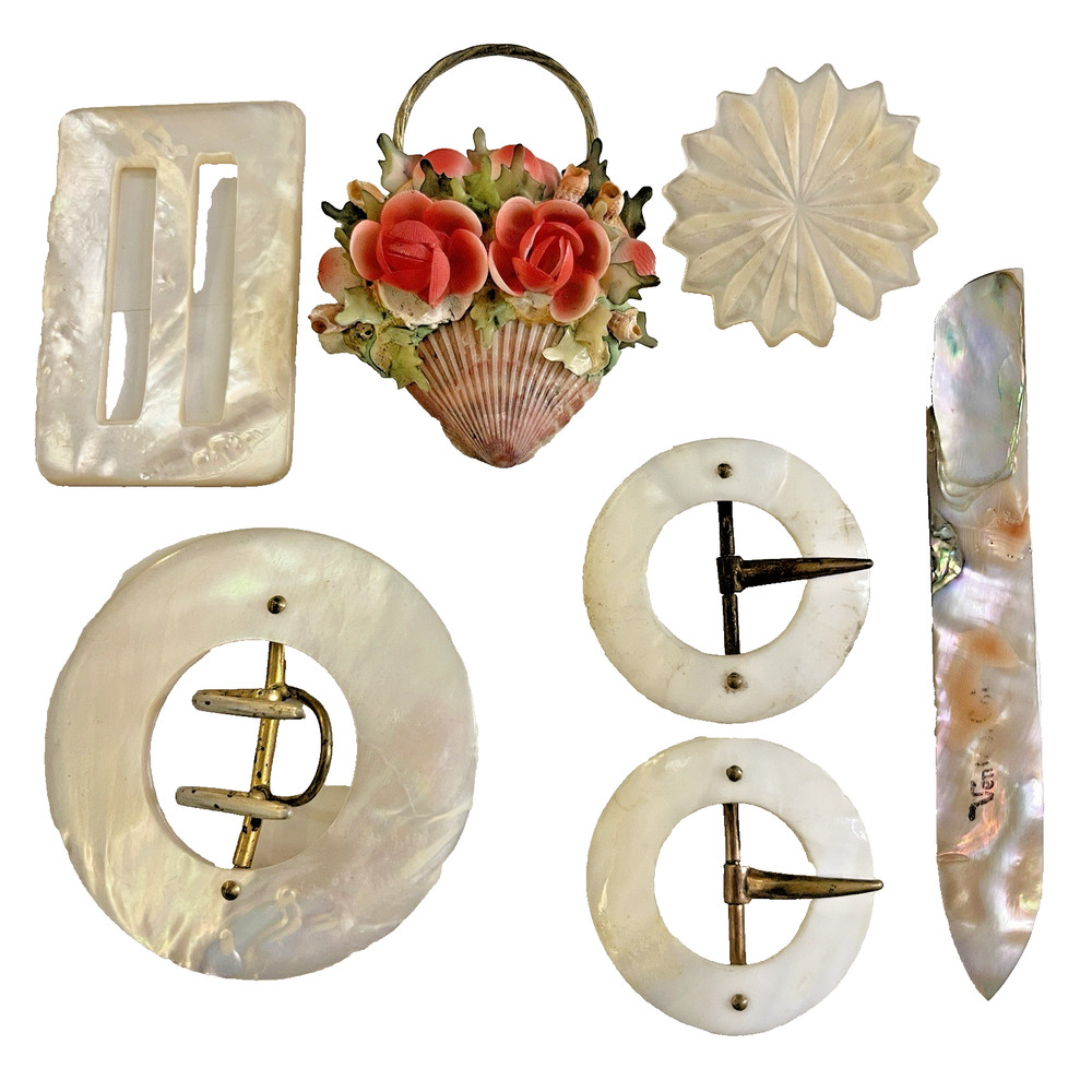 VINTAGE GROUP LOT MOP BUCKLES BROOCHES SHELL ART ABALONE BLADE