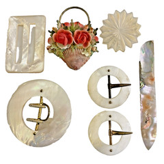 VINTAGE GROUP LOT MOP BUCKLES BROOCHES SHELL ART ABALONE BLADE