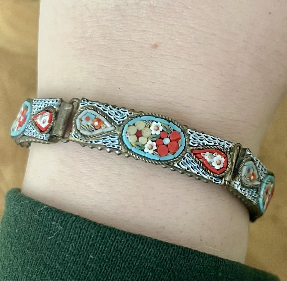 Antique Vintage Italian Micro Mosaic Floral Panel Bracelet Tile Mosaic 7” 5 Link