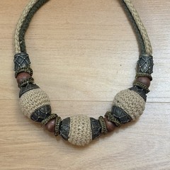 Chicos Necklace Boho Wooden Crocheted Beads Intricate Metal Woven Cord Vintage