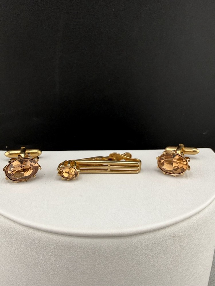 Vintage Swank Cufflink Tiebar Clip Set Gold Tone Rhinestone Sign