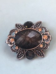 Acrylic Faceted Black Oval w Ornate Floral Silvertone Frame & Clear Rhinestone