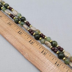 Vintage Brown Green Beige Bead Necklace Gold tone 36″