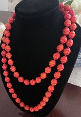 Vintage Orange Coral Red Resin Textured Beaded Extra Long 48” Knotted Necklace
