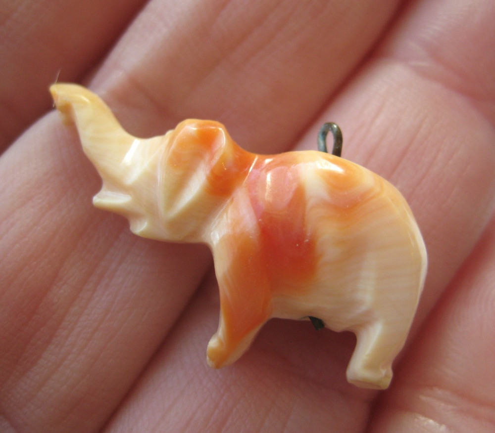 VINTAGE Victorian Carved Good Luck ELEPHANT Angel Skin Coral Charm Pendant