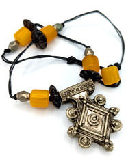 Vintage Coptic Amber Tribal Necklace Yellow Boho Moroccan Berber Amulet Pendant