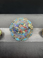 Antique Victorian Brooch Lot of 5 | Chinese Kingfisher Feather Jewelry | Enamel