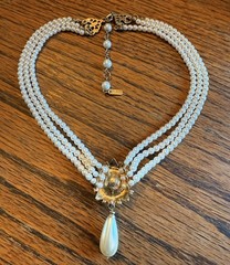 Y2K Era Christina Collection 3 Strand Faux Pearl Necklace Rhinestones Gold Tone