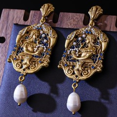 Vintage French Oil Painting Pearl Dangle Drop Earrings Court Gold Statement Gift