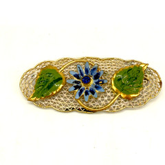 Vintage Brooch White Enamel Blue Flower Gold Tone Filigree 2 Inches